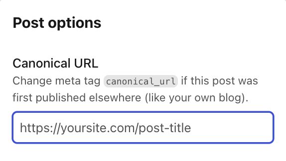 DEV.toのCanonical URL設定画面